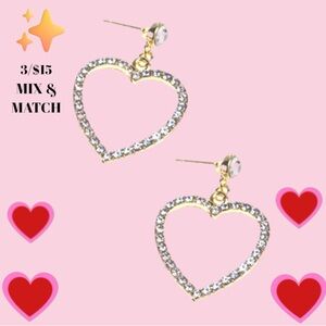 CUTE HANGING HEART EARRINGS! GOLD TONE & RHINESTONE